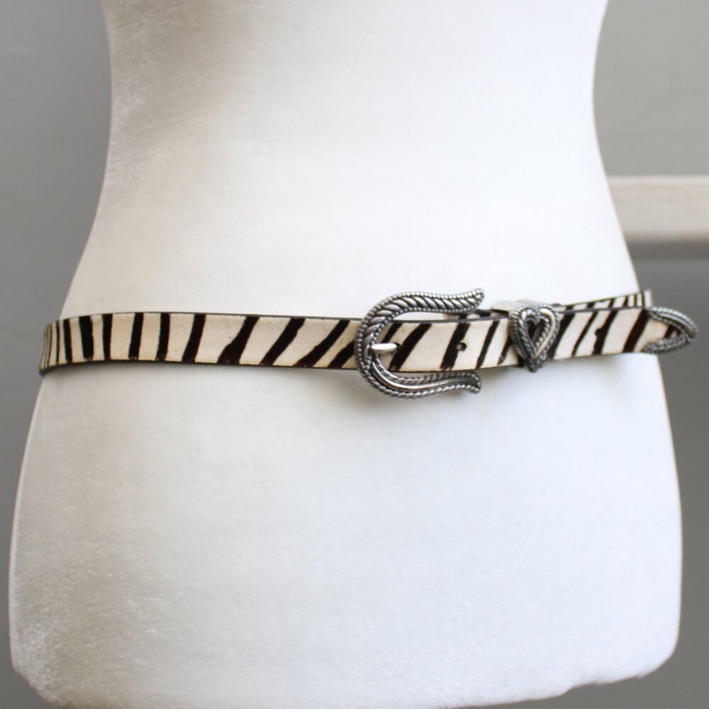 Chico's Y2K Brown Zebra Print Silver Metal Brass Heart Buckle Belt Size Large - Picture 2 of 6
